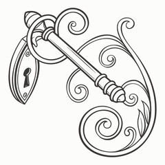 Ornate vintage key and lock with elegant swirling decorative elements and floral accents in a classic black and white line art illustration