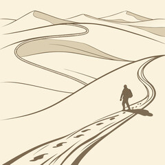 A lone traveler walks on a winding path through rolling sand dunes under a vast empty sky leaving footprints in the sand