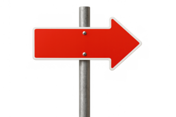 Red arrow sign pointing right on a metal pole, indicating direction, wayfinding, choice, or blank space for text