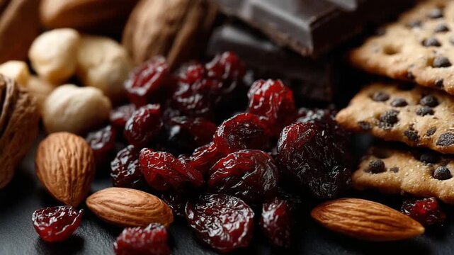Assorted Nuts and Dried Fruits on a Dark Surface