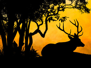 This wildlife silhouette artwork features a majestic elk, a deer, and a fawn standing in a peaceful forest at sunset. The warm watercolor background creates a calm and natural atmosphere, perfect for 