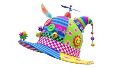 Whimsical colorful patchwork jester hat with propeller and dangling bells isolated on transparent background