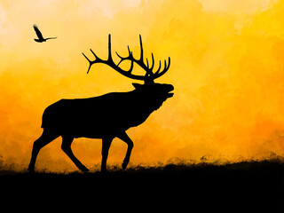 This wildlife silhouette artwork features a majestic elk, a deer, and a fawn standing in a peaceful forest at sunset. The warm watercolor background creates a calm and natural atmosphere, perfect for 