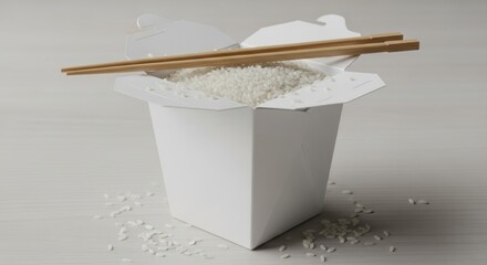 A takeout container filled with rice and served with chopsticks on a clean surface