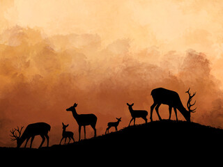 This wildlife silhouette artwork features a majestic elk, a deer, and a fawn standing in a peaceful forest at sunset. The warm watercolor background creates a calm and natural atmosphere, perfect for 