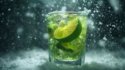 Refreshing lime cocktail with ice in a glass surrounded by snow creating a winter holiday vibe