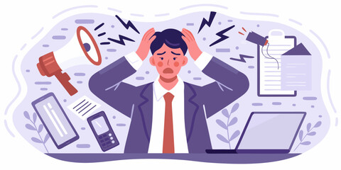 Stressed businessman overwhelmed by work and noise illustrated in a flat vector style