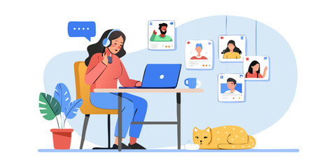 Woman working from home with video call on laptop and adorable cat illustration