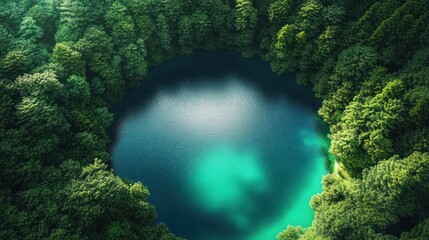 Aerial view of a deep blue and turquoise circular lake surrounded by dense lush green forest under daylight