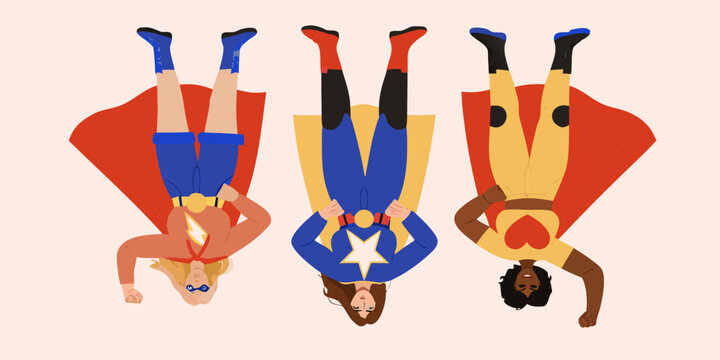 Diverse group of superheroes flying upside down with capes and costumes