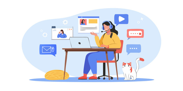 Customer service agent working from home with laptop and cat online support concept