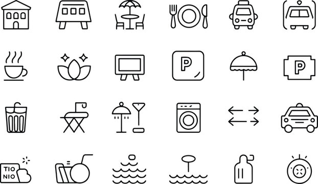 Hotel amenities line art symbols collection