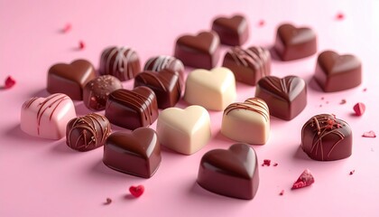 Assorted Heart-Shaped Chocolates on Pink Background - Valentines Day Treat.