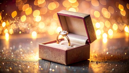 Engagement Ring in Open Box with Bokeh Lights.