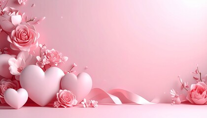 Romantic Valentines Day Hearts and Roses in Soft Pink.