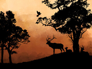 This wildlife silhouette artwork features a majestic elk, a deer, and a fawn standing in a peaceful forest at sunset. The warm watercolor background creates a calm and natural atmosphere, perfect for 