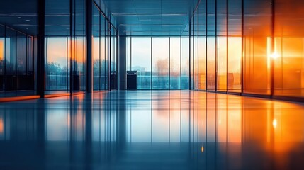 Empty modern office space with glass walls reflecting a vibrant sunset, creating a contrasting warm and cool atmosphere inside the room