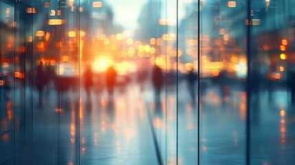 Blurred city street scene with glowing warm lights and reflections on wet pavement creating a dreamy, contemplative urban atmosphere