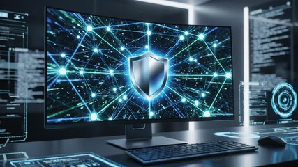 “Cybersecurity protection concept with glowing digital shield icon on a futuristic computer monitor, interconnected network nodes and data lines forming a secure grid, advanced cyber defense interface - Powered by Adobe