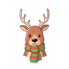 Fototapeta premium Adorable cartoon reindeer head wearing a festive red and green striped winter scarf, a cute Christmas animal character illustration