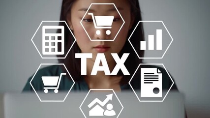 Tax Preparation and Financial Management Concepts. Digital Tax Icons with Calculator and Documents. Professional Working on Laptop for Finance.