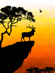 This wildlife silhouette artwork features a majestic elk, a deer, and a fawn standing in a peaceful forest at sunset. The warm watercolor background creates a calm and natural atmosphere, perfect for 