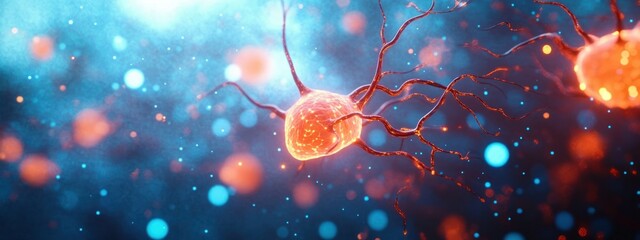 Close-up view of glowing orange neurons with branching dendrites against a blue blurred background, illustrating neural connections and brain activity