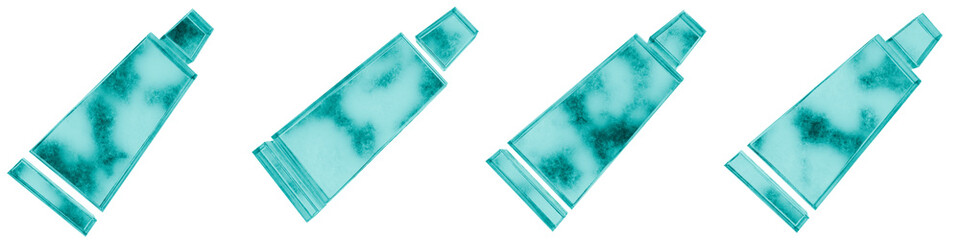 Set of four 3D toothpaste shapes in frosted blue ice glass style, isolated on a transparent background. Glassmorphism icons and 3D elements for modern graphic design.