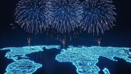 Fireworks display over world map digital illustration for celebration