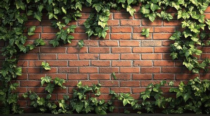 Green leafy vines growing and spreading across a red brick wall creating a natural frame with vibrant foliage