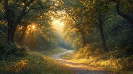 A sunlit forest path winding through tall trees with golden light filtering through dense green foliage, creating a peaceful and serene atmosphere