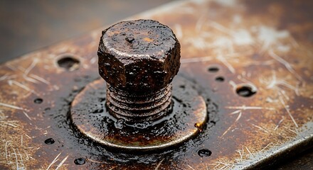Macro shot of a heavily used, rusted, and oil-covered industrial bolt and washer on a metal plate. Represents heavy machinery, maintenance, industry, mechanics, grit, and wear and tear.