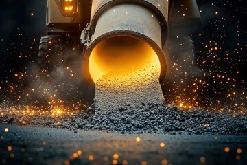 Close-up of molten metal pouring out of industrial machinery surrounded by bright flying sparks in a dark environment