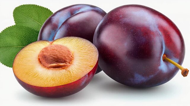 A close-up shot of several fresh plums, one cut open to reveal the pit, with leaves