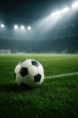 Fototapeta premium Soccer ball on green stadium grass under stadium lights, sport game