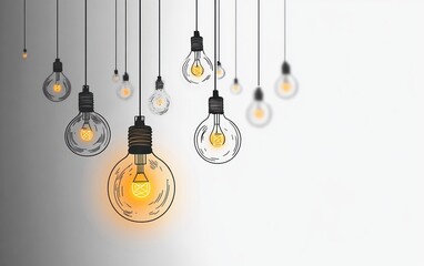 Multiple hanging light bulbs with one large glowing bulb illuminating the surrounding smaller bulbs evoking creativity and inspiration