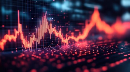 Dynamic red and orange glowing digital graph lines with peaks and valleys on a dark grid background representing fluctuating data or financial market trends