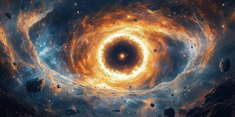 Vibrant cosmic scene with a swirling fiery vortex surrounded by glowing blue and orange nebulae and scattered asteroids floating in space