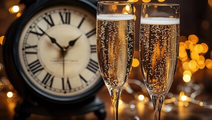 Two champagne flutes filled with sparkling wine in front of an antique clock showing five minutes to midnight with warm bokeh lights in the background