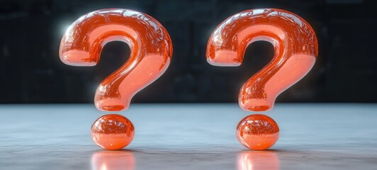 Two large transparent orange question marks placed side by side on a smooth reflective surface with a dark blurred background, evoking curiosity and inquiry
