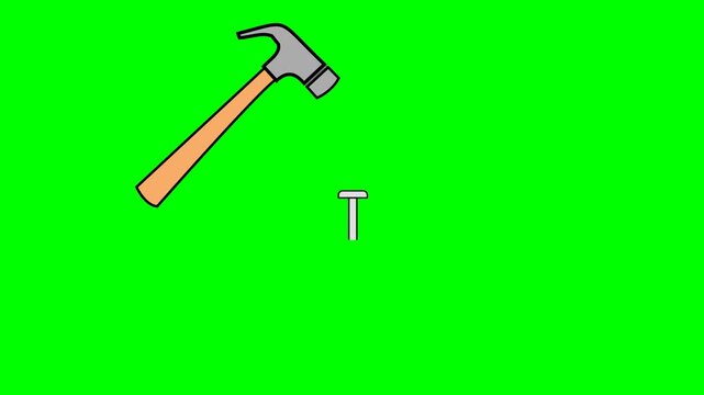 Animated hammer hitting a nail on chroma key green screen background for construction, DIY, and building.