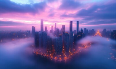Aerial view of a fog-covered city with illuminated skyscrapers and roads under a colorful purple and pink cloudy evening sky