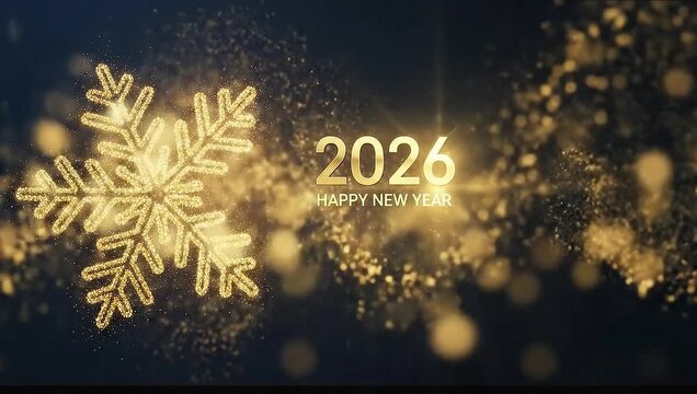 Glittering snowflake with text 2026 happy new year on dark background