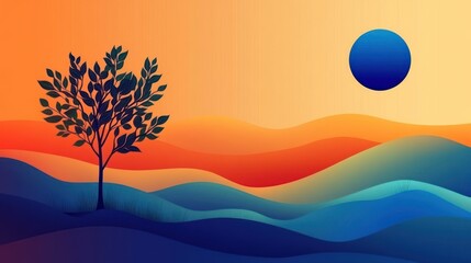 Silhouetted tree standing alone amid colorful rolling hills under a large blue circular sun in a vibrant orange sky, evoking calm and serenity