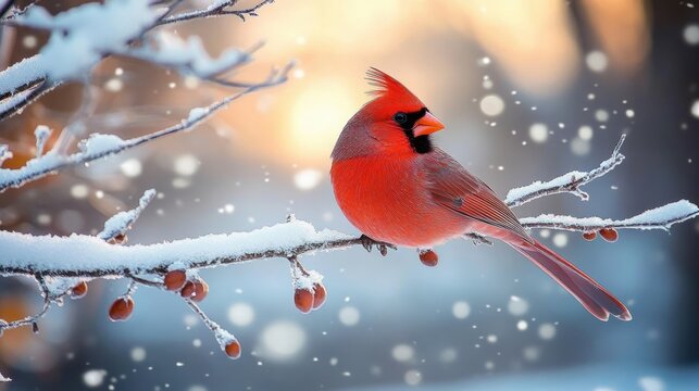 bright red cardinal bird perched on snow-covered branch with berries during a soft glowing winter sunset