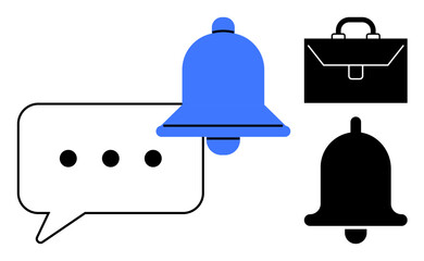 Notifications, business updates, communication tools, alerts, messaging services, work organization. Blue bell, speech bubble briefcase black bell in minimalist style. Notifications and business