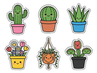 Cute Cartoon Potted Plants Sticker Set Illustration.