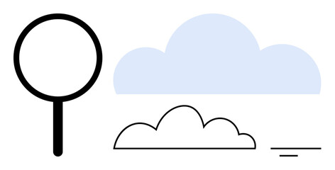 Cloud search concept. Magnifying glass, cloud shapes, and minimal lines data storage, searching, and connectivity in cloud-based platforms. Ideal for IT, technology, and digital