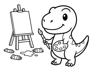 Cute Dinosaur Artist with Easel and Paint.