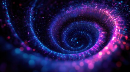 Colorful digital spiral vortex with glowing blue and pink particles creating a futuristic and dynamic visual effect